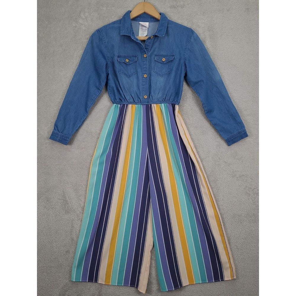 Bonnie Jean Girls' Boho Denim Jumpsuit Wide Leg size 16 Retro Hippie
